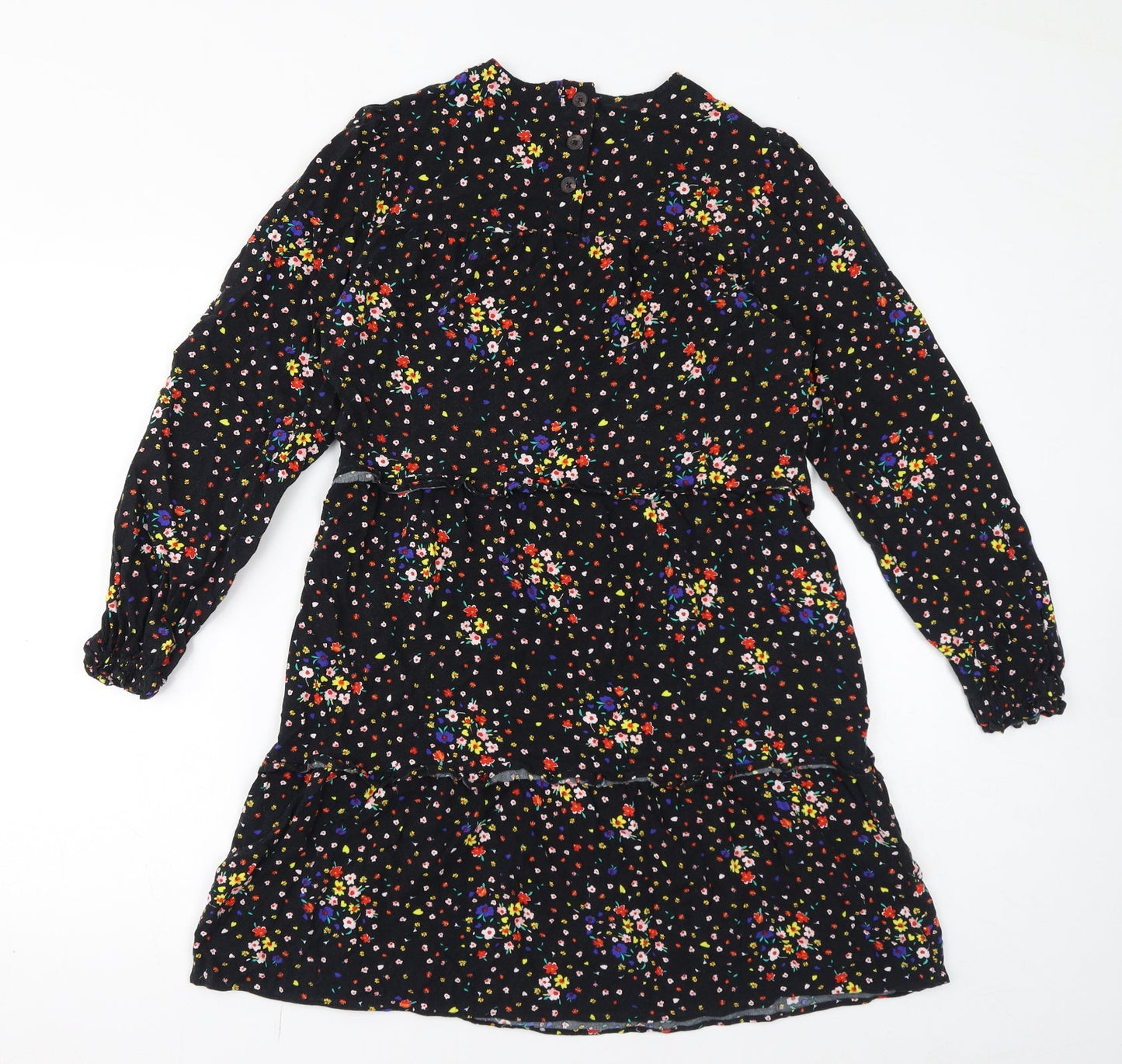 Marks and Spencer Womens Black Floral Viscose Mini Size 10 Round Neck Button - Tiered Smock