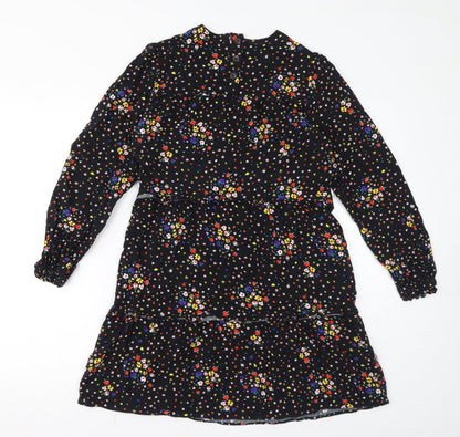Marks and Spencer Womens Black Floral Viscose Mini Size 10 Round Neck Button - Tiered Smock