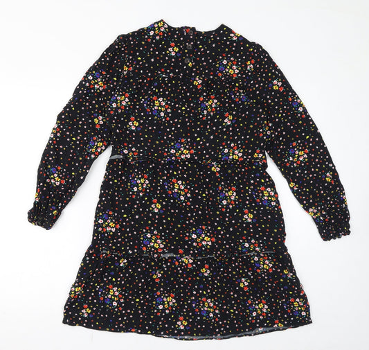 Marks and Spencer Womens Black Floral Viscose Mini Size 10 Round Neck Button - Tiered Smock