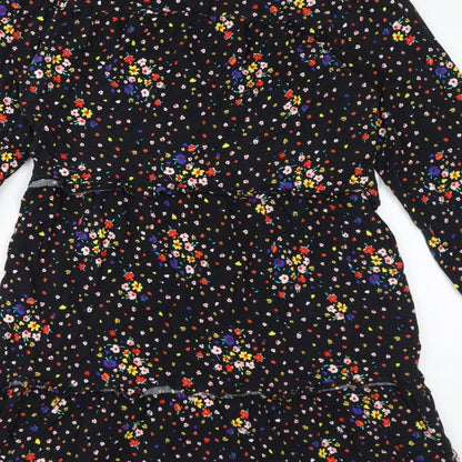 Marks and Spencer Womens Black Floral Viscose Mini Size 10 Round Neck Button - Tiered Smock
