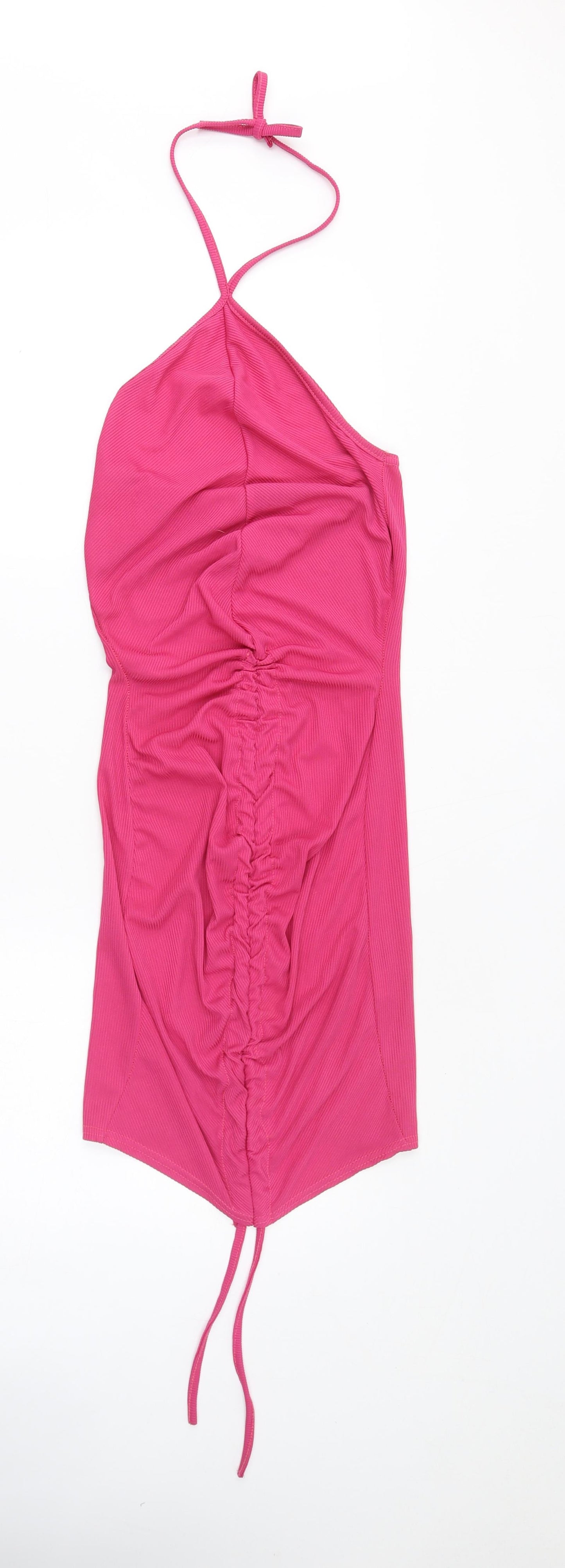 PRETTYLITTLETHING Womens Pink Polyester Bodycon Size 8 Halter Pullover - Ribbed Ruched Front