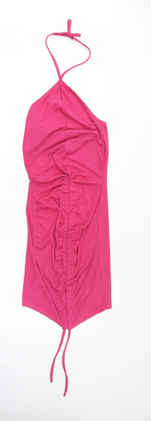 PRETTYLITTLETHING Womens Pink Polyester Bodycon Size 8 Halter Pullover - Ribbed Ruched Front