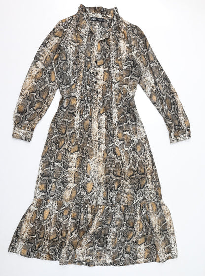Zara Womens Brown Animal Print Polyester Maxi Size S Mock Neck Button - Snake Print