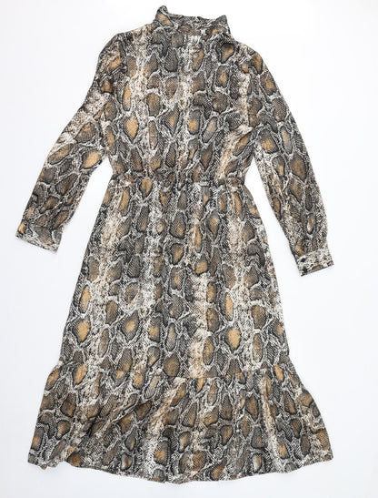 Zara Womens Brown Animal Print Polyester Maxi Size S Mock Neck Button - Snake Print