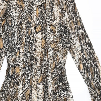 Zara Womens Brown Animal Print Polyester Maxi Size S Mock Neck Button - Snake Print