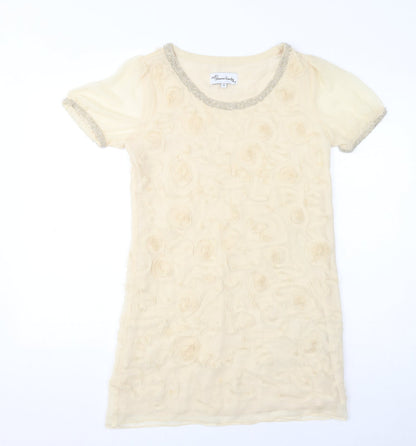 Jovanna London Womens Beige Silk Mini Size 10 Scoop Neck Pullover - Beaded Neckline