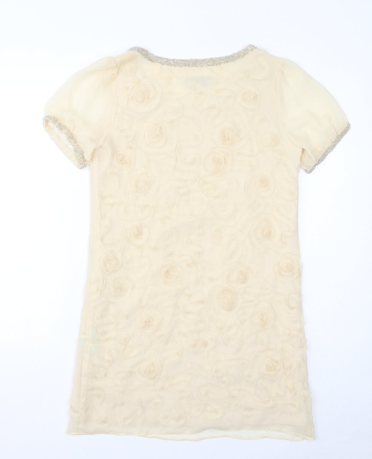 Jovanna London Womens Beige Silk Mini Size 10 Scoop Neck Pullover - Beaded Neckline
