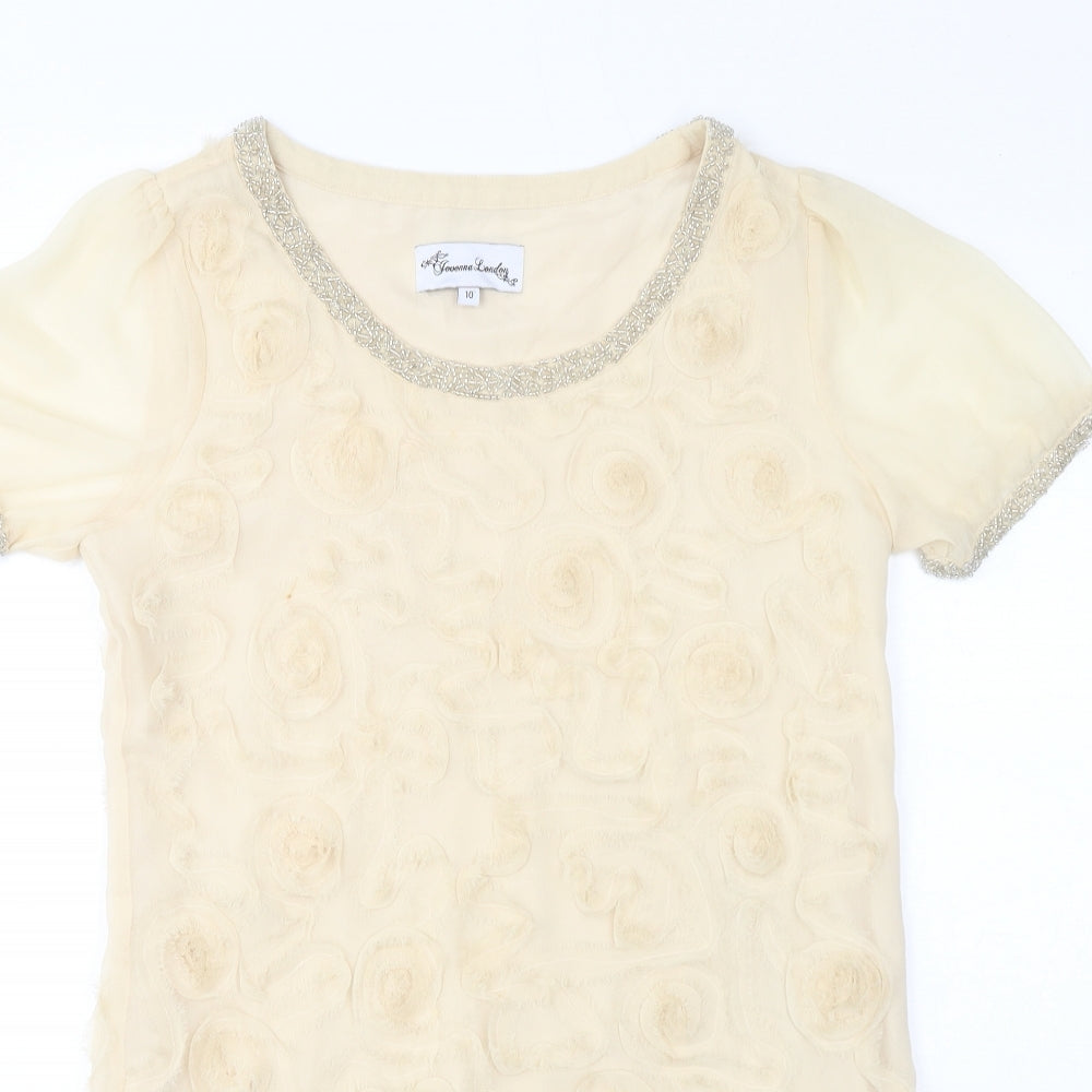Jovanna London Womens Beige Silk Mini Size 10 Scoop Neck Pullover - Beaded Neckline
