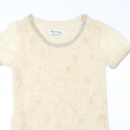 Jovanna London Womens Beige Silk Mini Size 10 Scoop Neck Pullover - Beaded Neckline