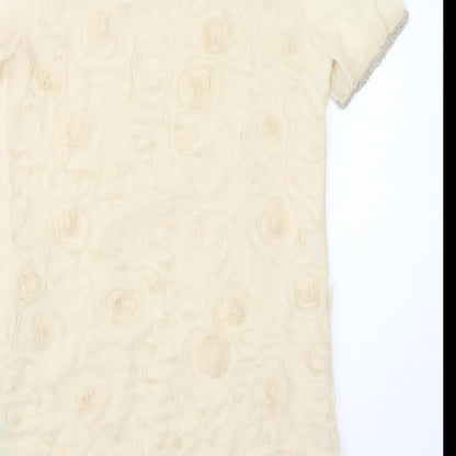 Jovanna London Womens Beige Silk Mini Size 10 Scoop Neck Pullover - Beaded Neckline