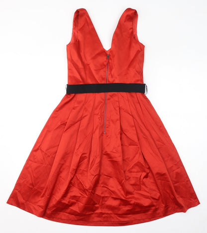 Debut Womens Red Cotton A-Line Size 8 V-Neck Zip - Belted