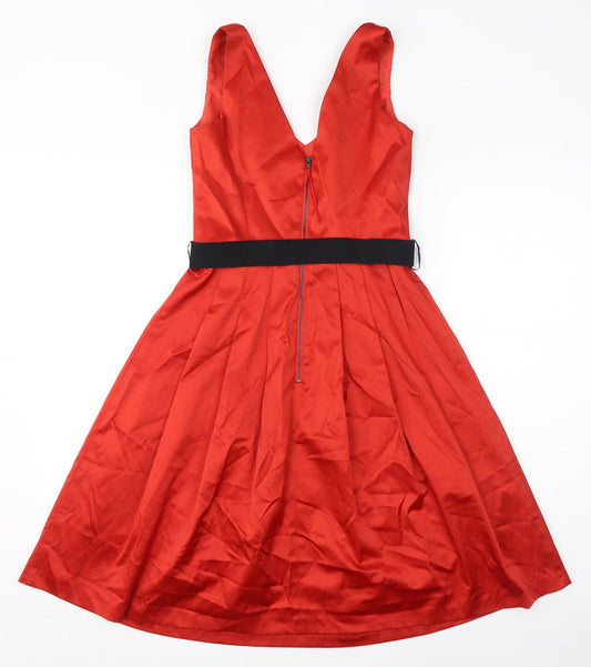 Debut Womens Red Cotton A-Line Size 8 V-Neck Zip - Belted