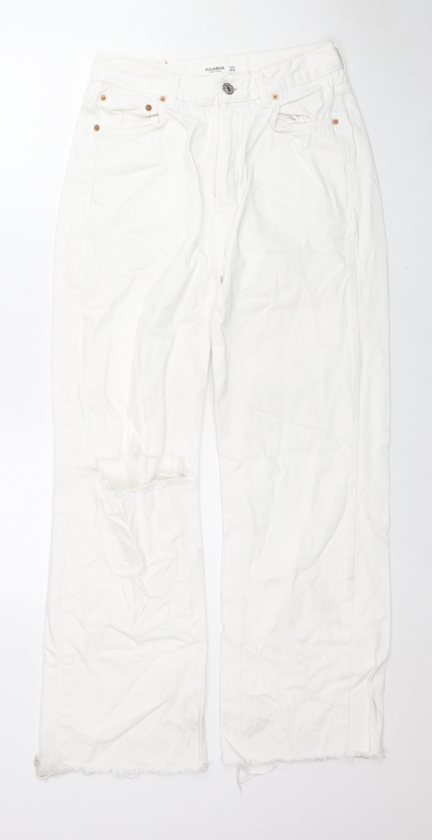 Pull&Bear Womens White Cotton Bootcut Jeans Size 12 L28 in Regular Zip