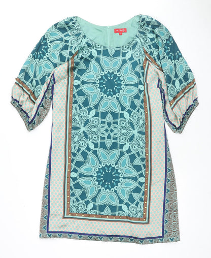 Derhy Womens Multicoloured Geometric Silk A-Line Size S Scoop Neck Zip - Studs