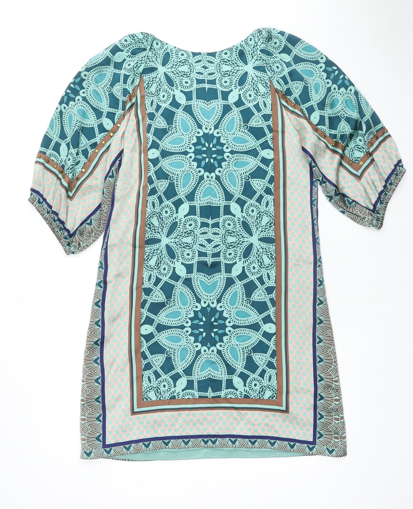 Derhy Womens Multicoloured Geometric Silk A-Line Size S Scoop Neck Zip - Studs