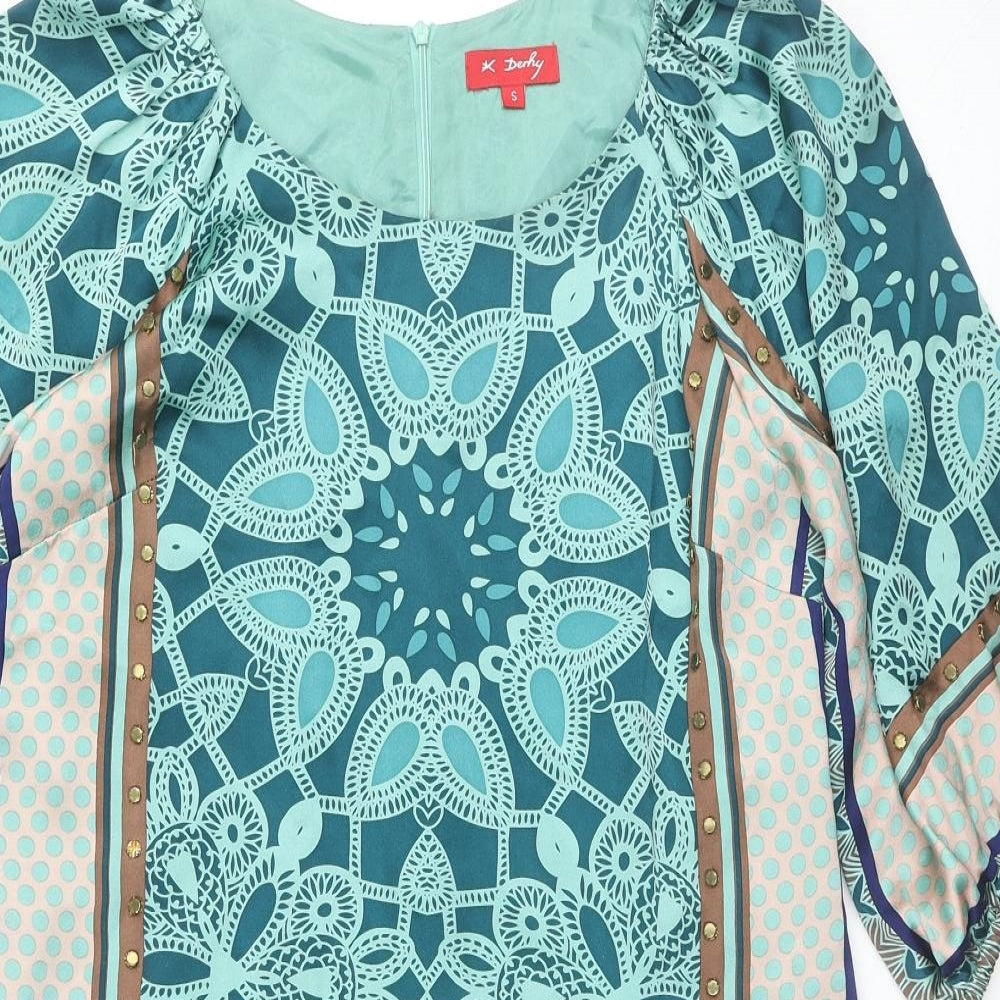 Derhy Womens Multicoloured Geometric Silk A-Line Size S Scoop Neck Zip - Studs