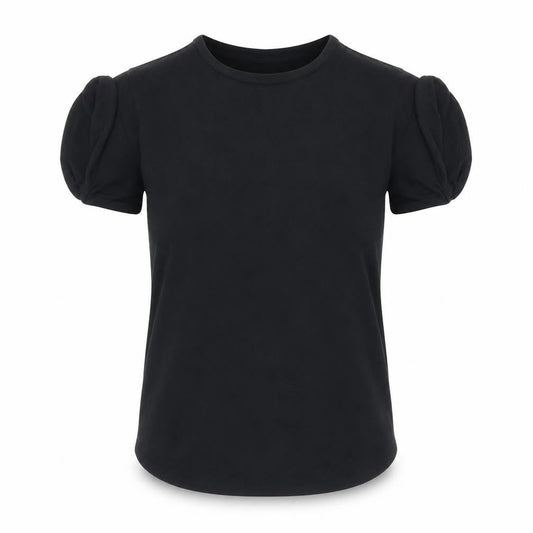 Front view of ASOS women’s black polyester basic t-shirt, size UK 10, round neck