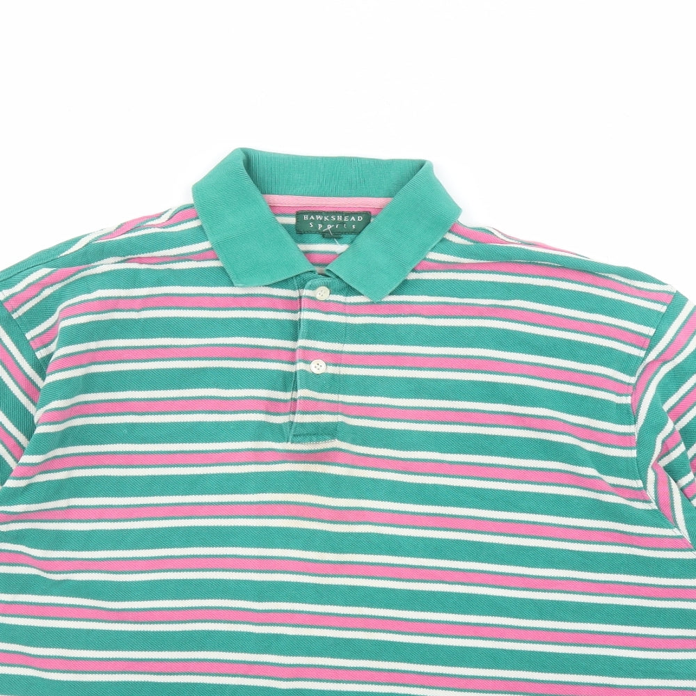 Hawkshead Mens Green Striped Polyester Polo Size S Collared Button