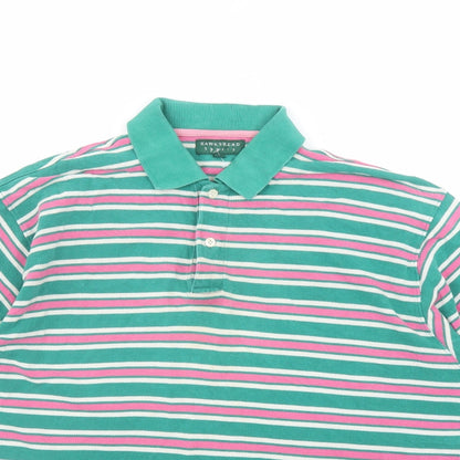 Hawkshead Mens Green Striped Polyester Polo Size S Collared Button