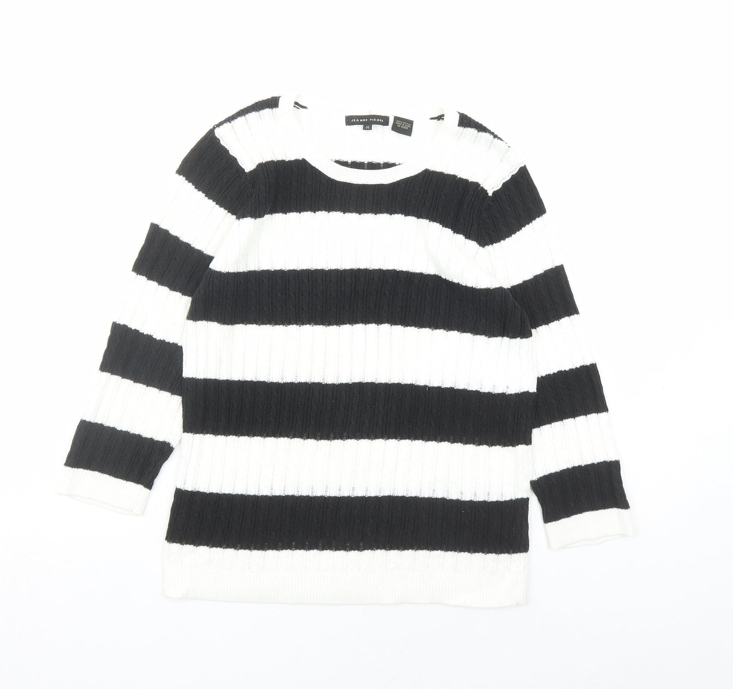 Jeanne Pierre Womens White Round Neck Striped Cotton Pullover Jumper Size M