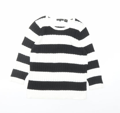 Jeanne Pierre Womens White Round Neck Striped Cotton Pullover Jumper Size M