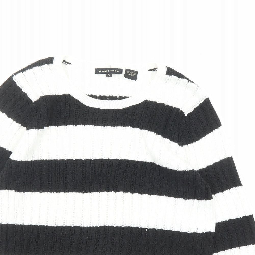 Jeanne Pierre Womens White Round Neck Striped Cotton Pullover Jumper Size M
