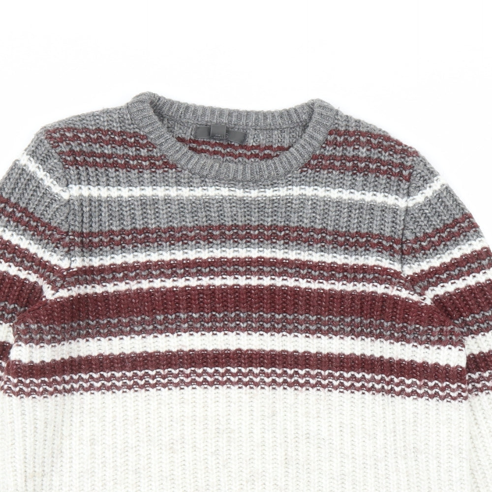 Marks and Spencer Mens Beige Round Neck Striped Acrylic Pullover Jumper Size S Long Sleeve