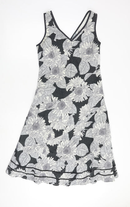 Per Una Womens Grey Floral 100% Cotton A-Line Size 14 V-Neck Zip
