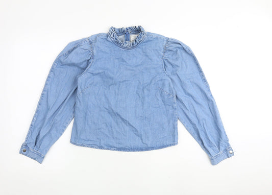 Denim & Co. Womens Blue 100% Cotton Basic Blouse Size 8 High Neck