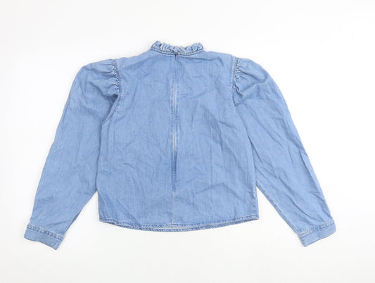 Denim & Co. Womens Blue 100% Cotton Basic Blouse Size 8 High Neck