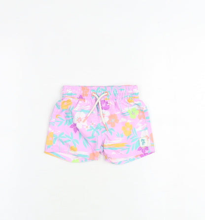 Marks and Spencer Baby Purple Floral Polyester Cropped Trousers Size 3-6 Months Drawstring - Shorts