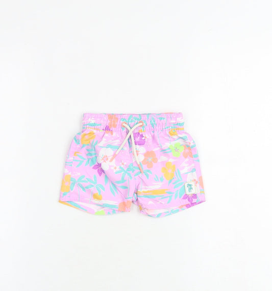 Marks and Spencer Baby Purple Floral Polyester Cropped Trousers Size 3-6 Months Drawstring - Shorts