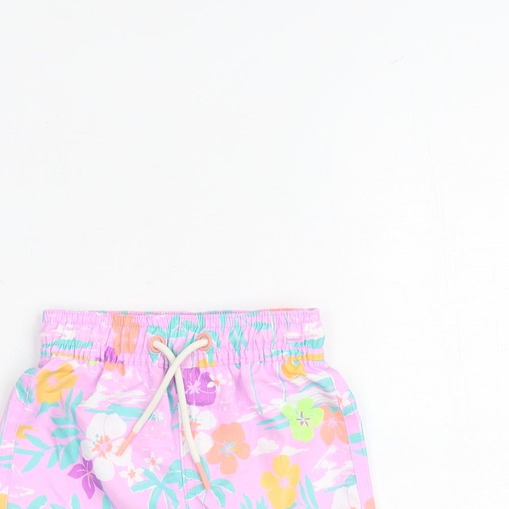 Marks and Spencer Baby Purple Floral Polyester Cropped Trousers Size 3-6 Months Drawstring - Shorts