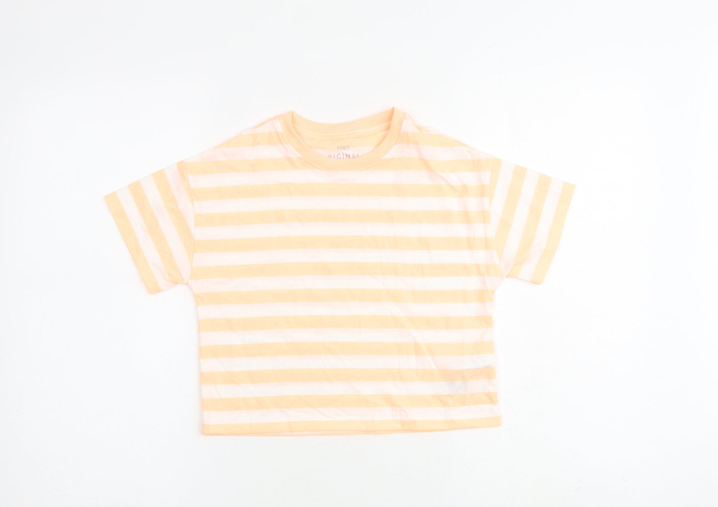 Marks and Spencer Girls Orange Striped Cotton Basic T-Shirt Size 7-8 Years Round Neck Pullover
