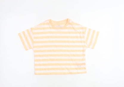 Marks and Spencer Girls Orange Striped Cotton Basic T-Shirt Size 7-8 Years Round Neck Pullover