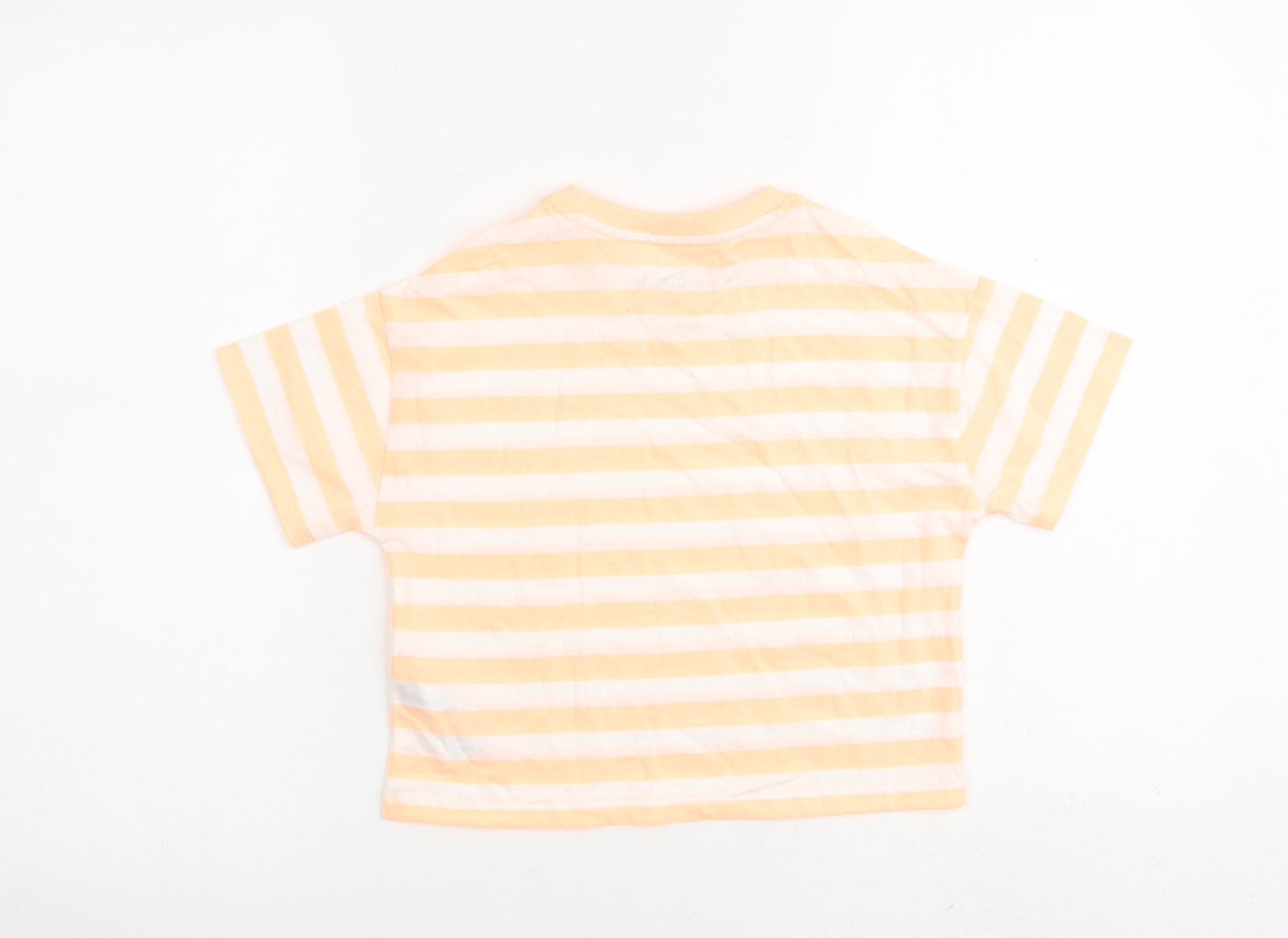 Marks and Spencer Girls Orange Striped Cotton Basic T-Shirt Size 7-8 Years Round Neck Pullover
