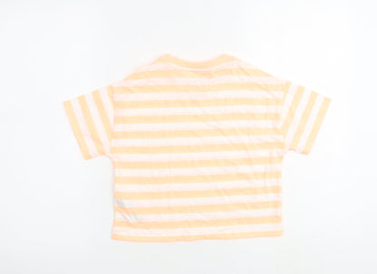 Marks and Spencer Girls Orange Striped Cotton Basic T-Shirt Size 7-8 Years Round Neck Pullover