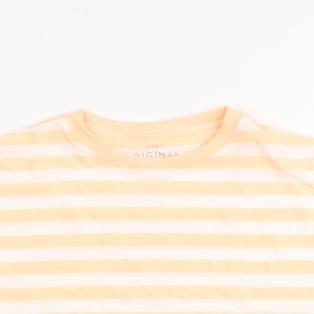 Marks and Spencer Girls Orange Striped Cotton Basic T-Shirt Size 7-8 Years Round Neck Pullover