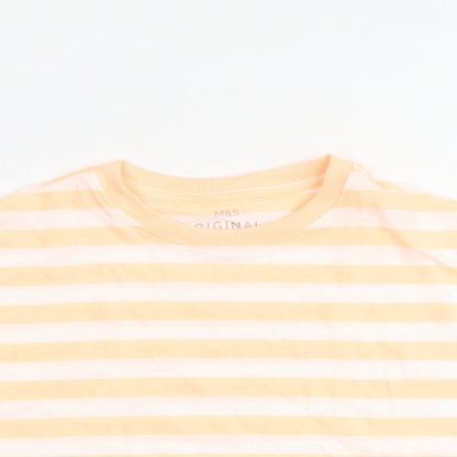 Marks and Spencer Girls Orange Striped Cotton Basic T-Shirt Size 7-8 Years Round Neck Pullover