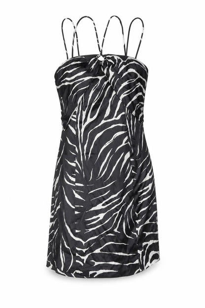 Zara Womens Black Animal Print Polyester Slip Dress Size M Sweetheart Zip - Keyhole Front Zebra Print