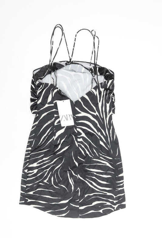 Zara Womens Black Animal Print Polyester Slip Dress Size M Sweetheart Zip - Keyhole Front Zebra Print