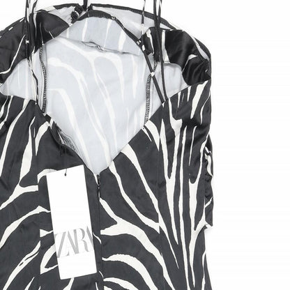 Zara Womens Black Animal Print Polyester Slip Dress Size M Sweetheart Zip - Keyhole Front Zebra Print
