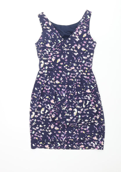 Coast Womens Blue Geometric Cotton Mini Size 6 Scoop Neck Zip