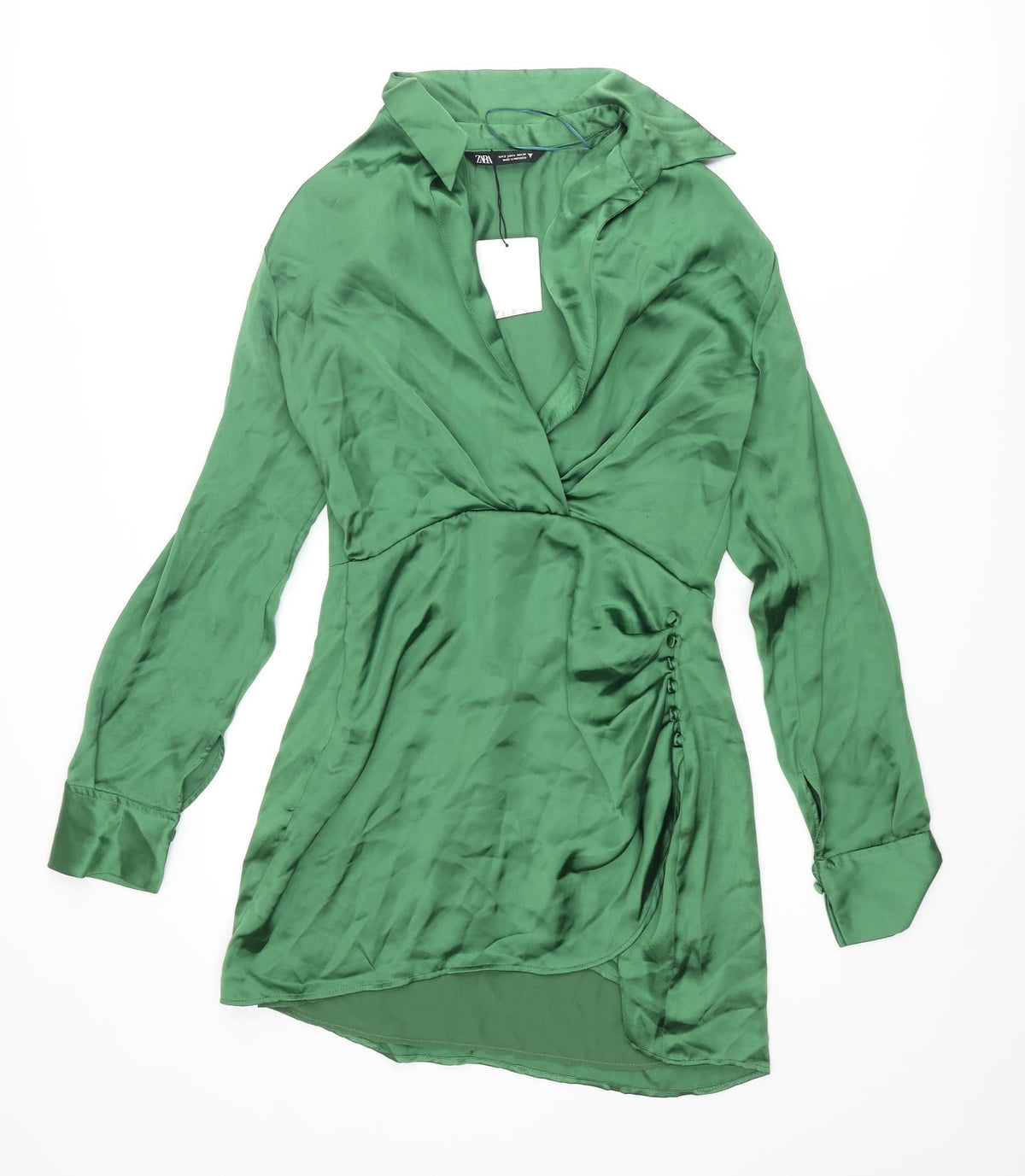 Zara Womens Green Polyester Shirt Dress Size S Collared Zip - Button