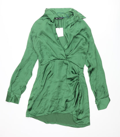 Zara Womens Green Polyester Shirt Dress Size S Collared Zip - Button