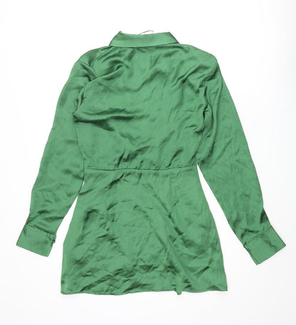 Zara Womens Green Polyester Shirt Dress Size S Collared Zip - Button