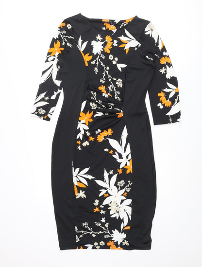 Marks and Womens Black Polyester Bodycon Size 10 Boat Neck Pullover - Floral Print