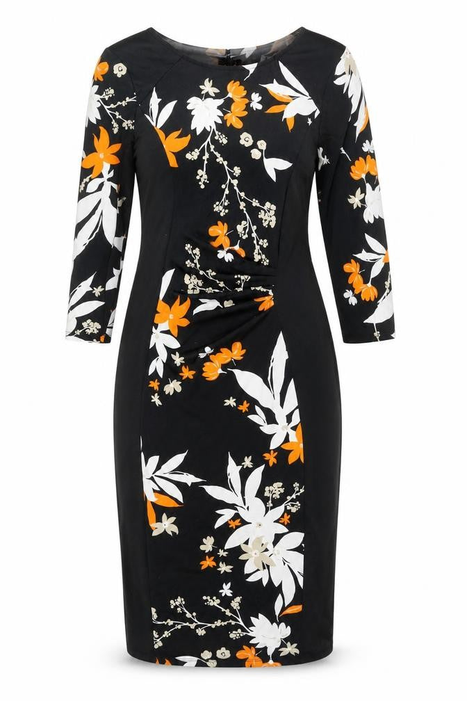 Marks and Womens Black Polyester Bodycon Size 10 Boat Neck Pullover - Floral Print