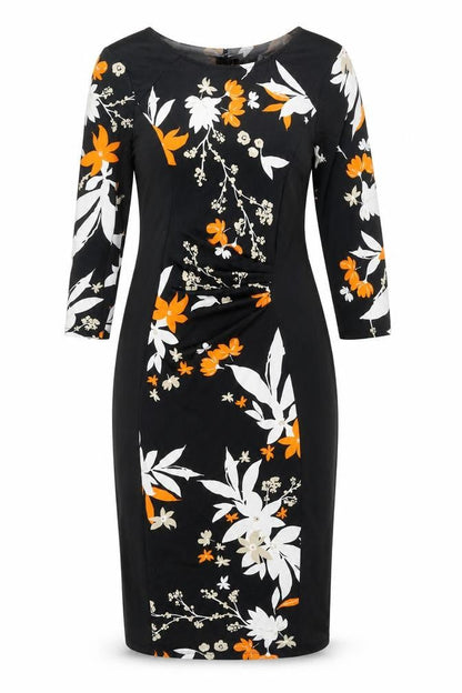 Marks and Womens Black Polyester Bodycon Size 10 Boat Neck Pullover - Floral Print