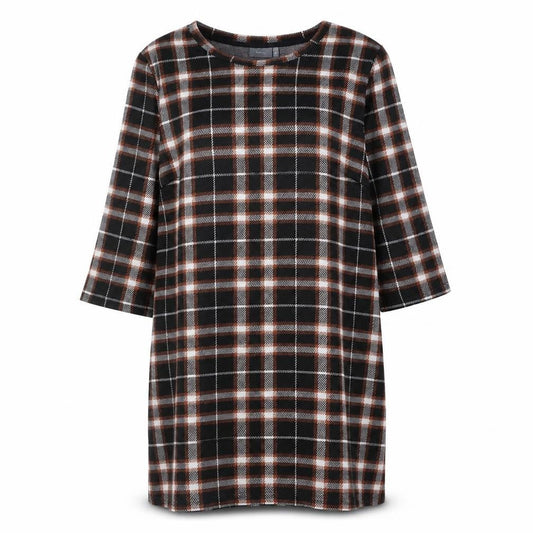Front view of b.young women’s black check polyester shift, size XL, round neck pullover